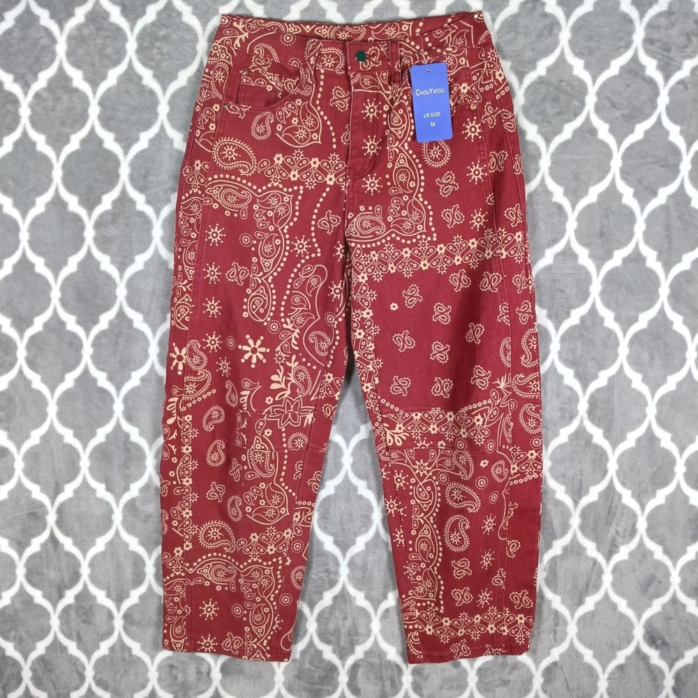 Barrel Leg Jeans Women Size Medium Red Rust Bandana Print Western Boho